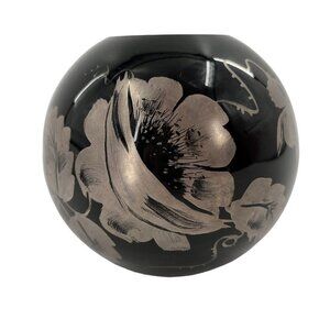 Fenton Black Ebony Amethyst Bowl Vase HP Silver Floral Poppies Signed Vintage